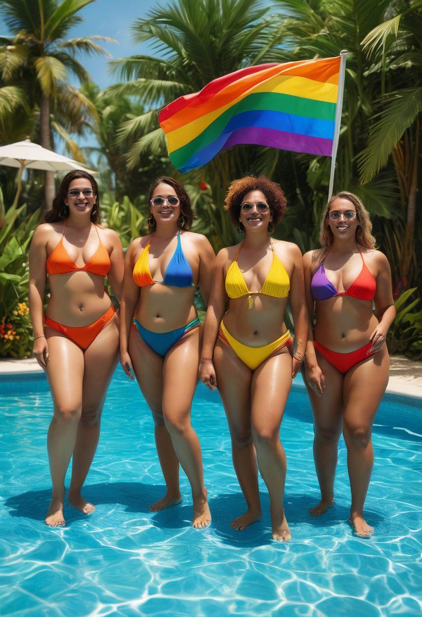 A vibrant pool scene featuring diverse individuals of various body types, joyfully wearing colorful and sensual swimwear. The atmosphere exudes inclusivity and confidence, with rainbow flags and tropical plants in the background. Sunlight sparkles on water surfaces, enhancing the celebratory mood. Capture the essence of queer culture through playful expressions and fun interactions. surrealistic. vibrant colors. 3D.