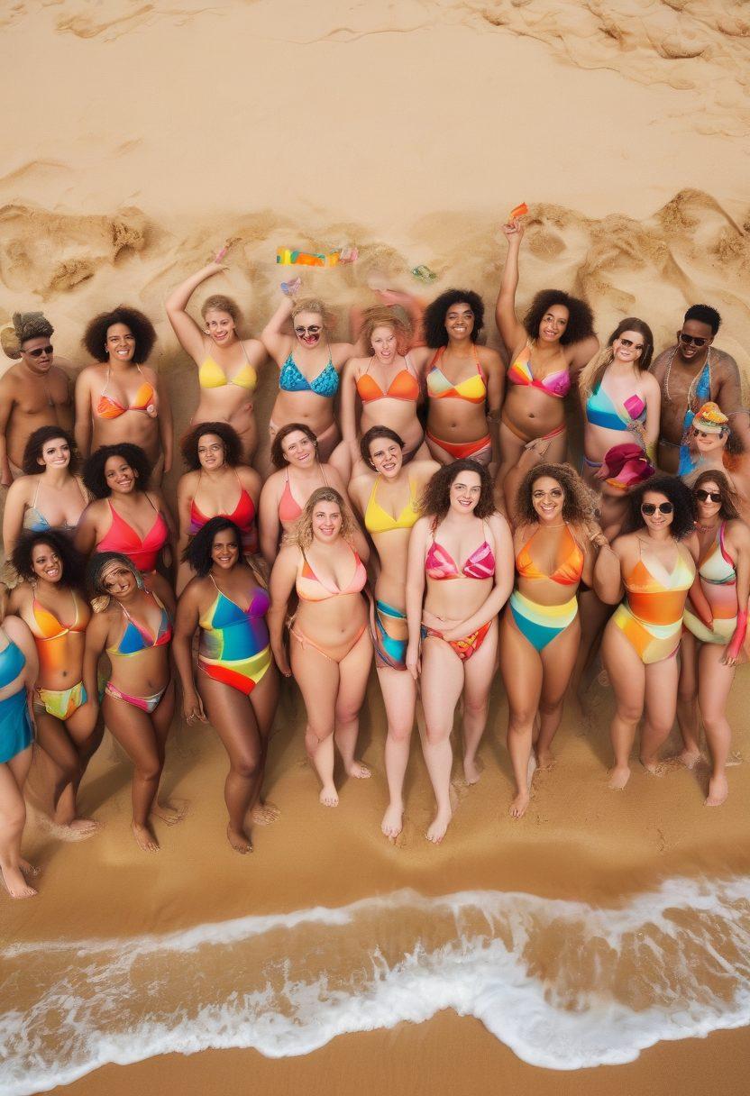 A diverse group of individuals confidently embracing their unique body types on a vibrant beach. They showcase colorful, stylish swimsuits that celebrate body positivity, surrounded by playful waves and golden sand. Include elements of queer aesthetics such as rainbow flags or accessories. The overall atmosphere is joyful and inclusive, radiating confidence and sensuality. vibrant colors. super-realistic.