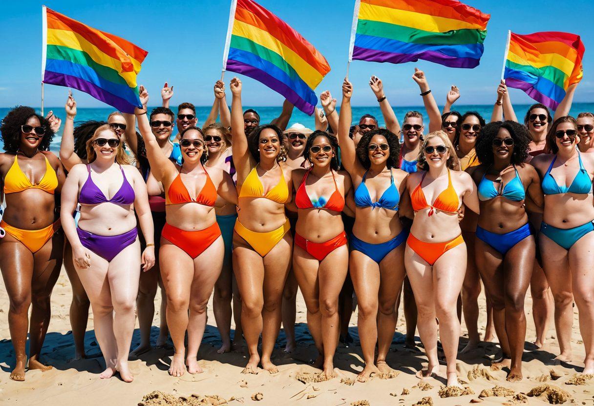 A vibrant beach scene showcasing a diverse group of individuals proudly wearing colorful swimwear that represents various LGBTQ+ identities. The atmosphere is filled with joy, celebration, and body positivity, with rainbow flags waving in the background. Sunlight glistens on the water as people of different sizes and skin tones embrace their uniqueness. Artistic touches can include playful splashes of color and abstract patterns in the sand. super-realistic. vibrant colors. sunny atmosphere.